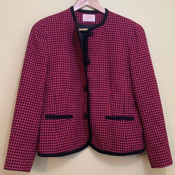 Pendleton Vintage Raspberry Red Black Houndstooth Wool Button Blazer Jacket 10 - Picture 11 of 17